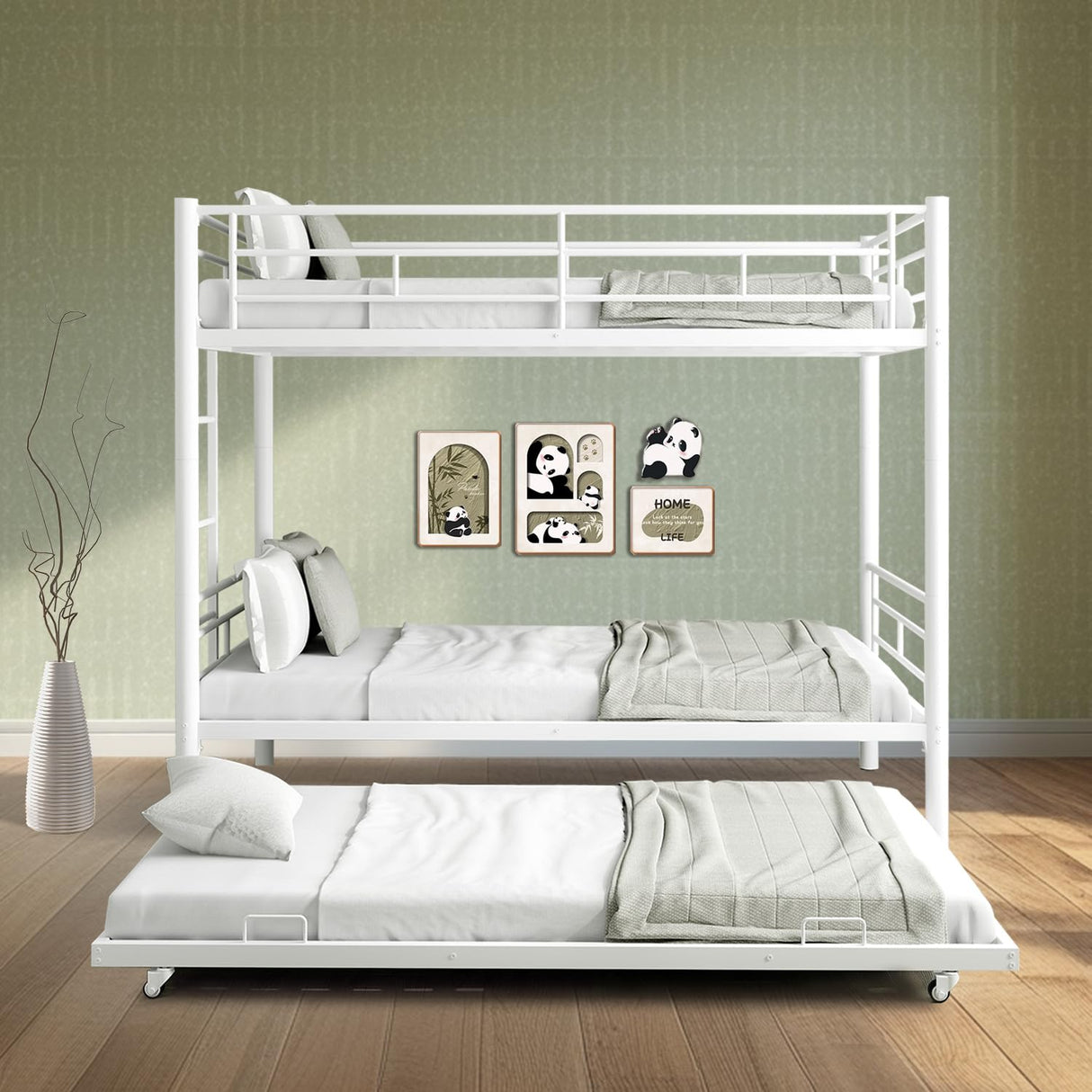 Twin Over Twin Bunk Bed with Trundle, Metal Bunk Beds with 2 Ladder and Guardrails, Convertible Triple Bunk Bed for Kids, Teens and Adults, No Box Spring Needed, Space Saving (White) AYJOIR