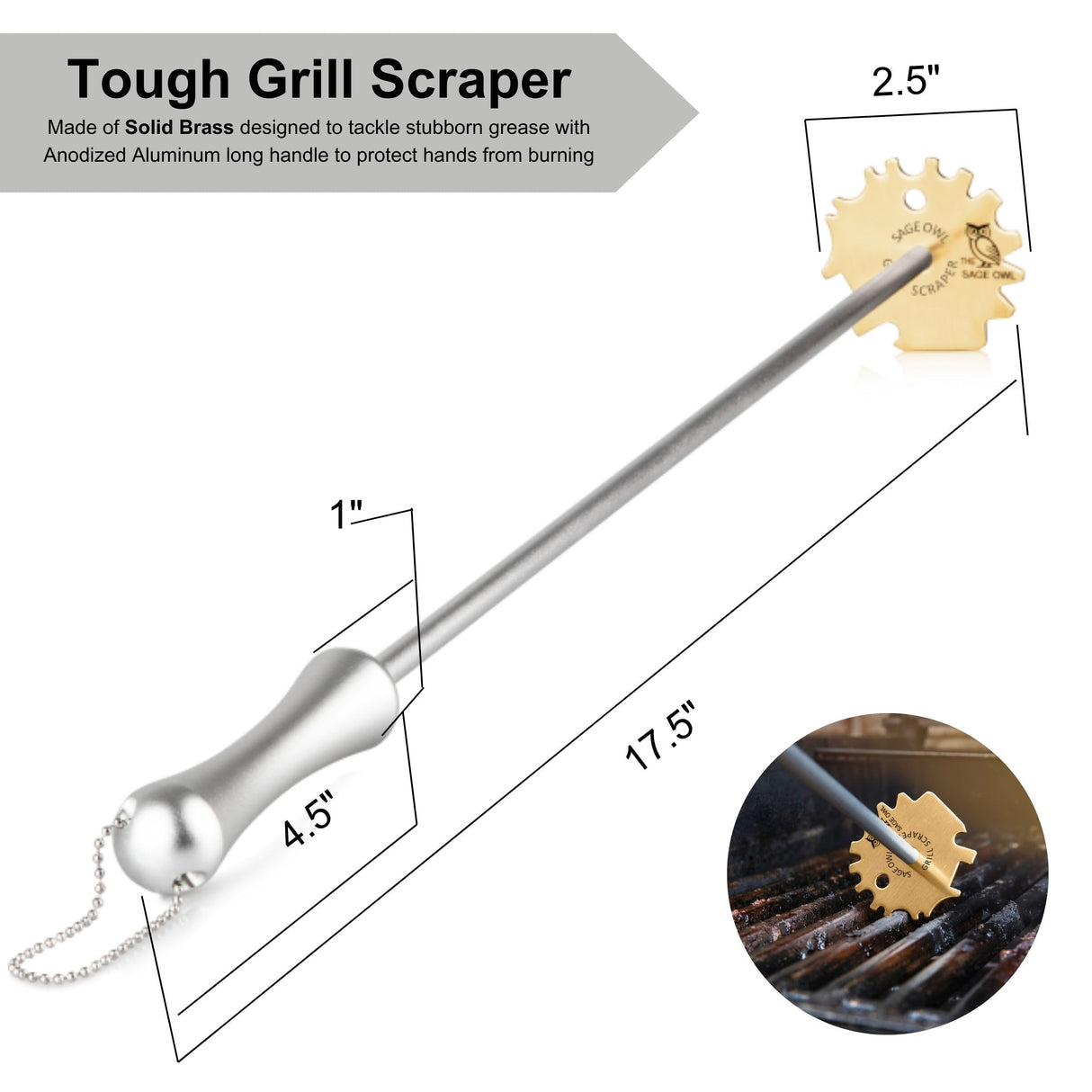 Sage Owl Bristle-Free Brass BBQ Grill Scraper with 17.5” Handle – Safe Universal Grill Cleaner for Outdoor Grills, Porcelain, Grilling Tools, and Kitchen Gadgets - Unique Gifts for Husband Birthday The Sage Owl