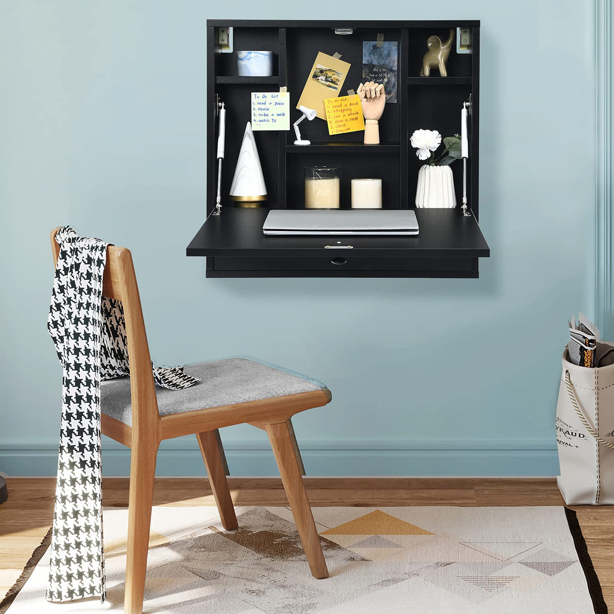 IFANNY Wall Mounted Desk, Wall Computer Desk w/Storage Drawer & Shelves, Compact Floating Desk for Wall, Space Saving Wall Desk Fold Down, Wall Desks for Small Spaces (Black) IFANNY