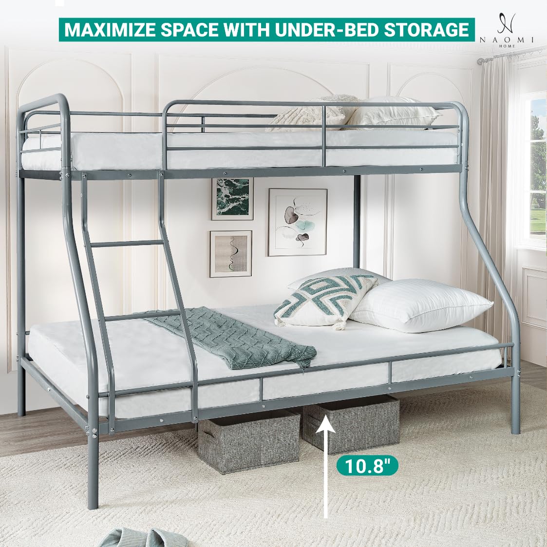 Hollywood Bunk Beds Twin Over Full Size, Heavy Duty Metal Bunk Bed with Safety Guardrails, Angled Ladder, Underbed Storage, 800LBs capacity - for Kids and Teens, Twin over Full Bunk Bed, Gray Naomi Home