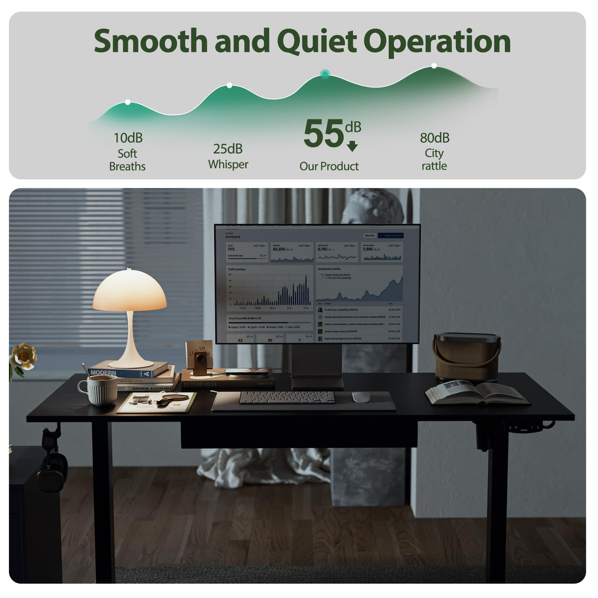 Agilestic Adjustable Height Electric Standing Desk with Storage Wooden Drawer, 55 x 24 Inches Stand Up Home Office Computer Gaming Table for Work Office Home, Black Agilestic