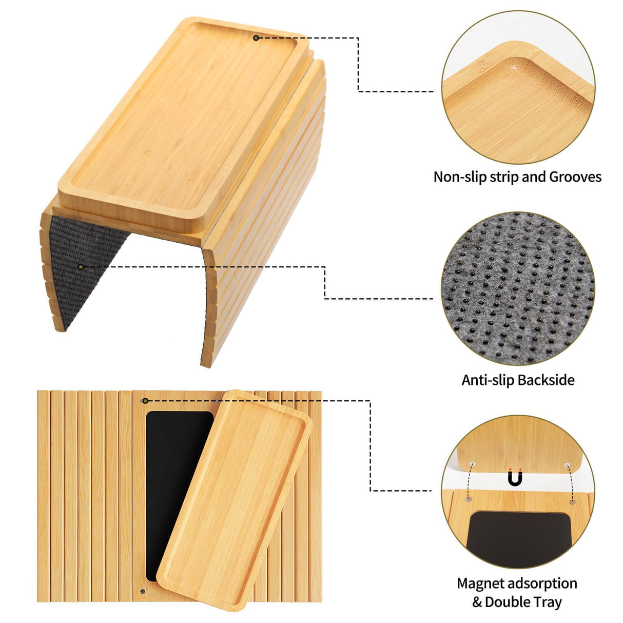 Bamboo Sofa Arm Tray Table - Couch Arm Tray with Extra Removable Tray, Anti-Slip Sofa Armrest Tray, Large Couch Cup Holder Tray for Phone, Cups, Remote, Flexible and Foldable xinyoec