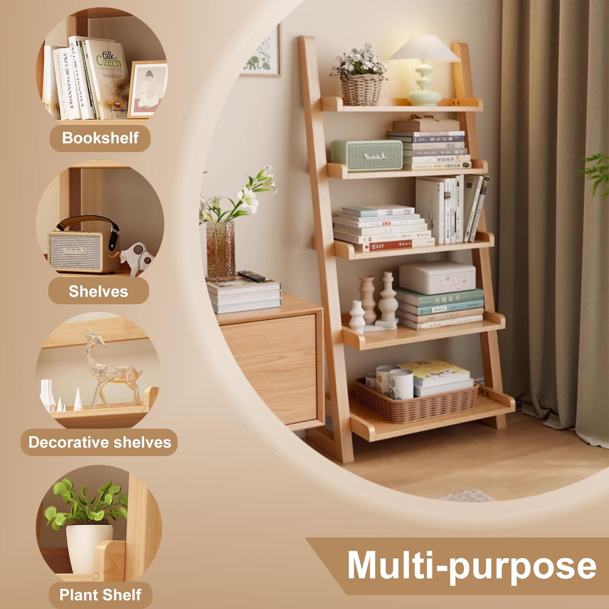 BFECGDXT 5 Tier Ladder Bookshelf, Wooden Ladder Shelf Bookcase Space-Saving, Freestanding Storage Rack Organizer for Living Room, Home Office and Bedroom, Wood Color BFECGDXT