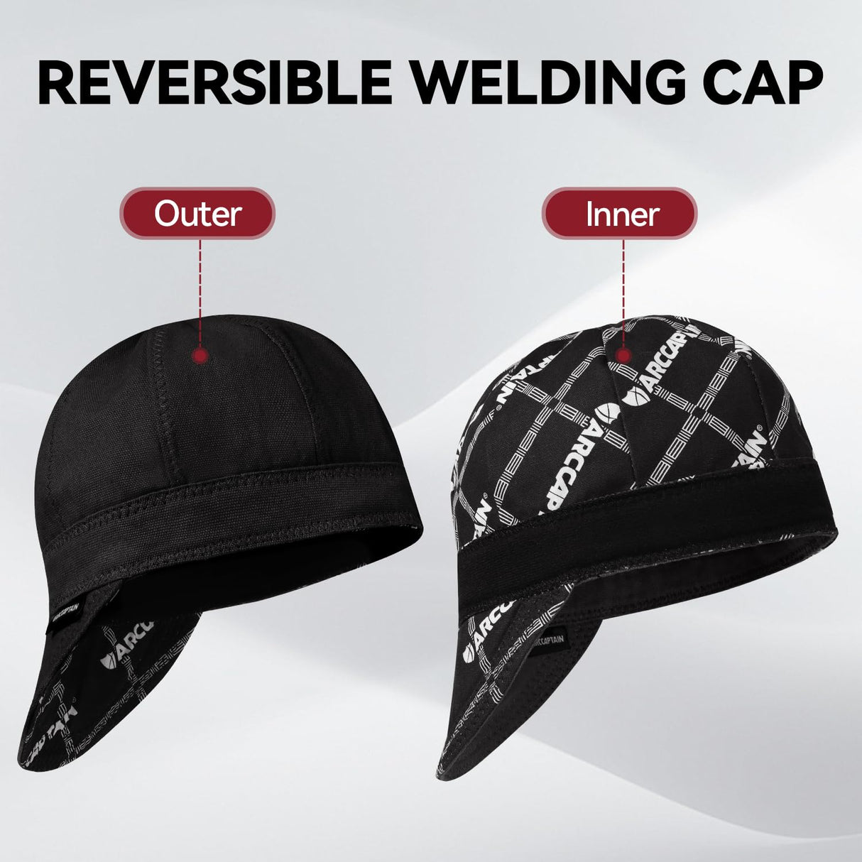 ARCCAPTAIN Reversible Welding Cap, 8 Panel Protective Welders Cap, 10 oz Fireproof Cotton Comforts for Safety and Protection While Welding to Men Women, Black, 7 1/4 ARCCAPTAIN