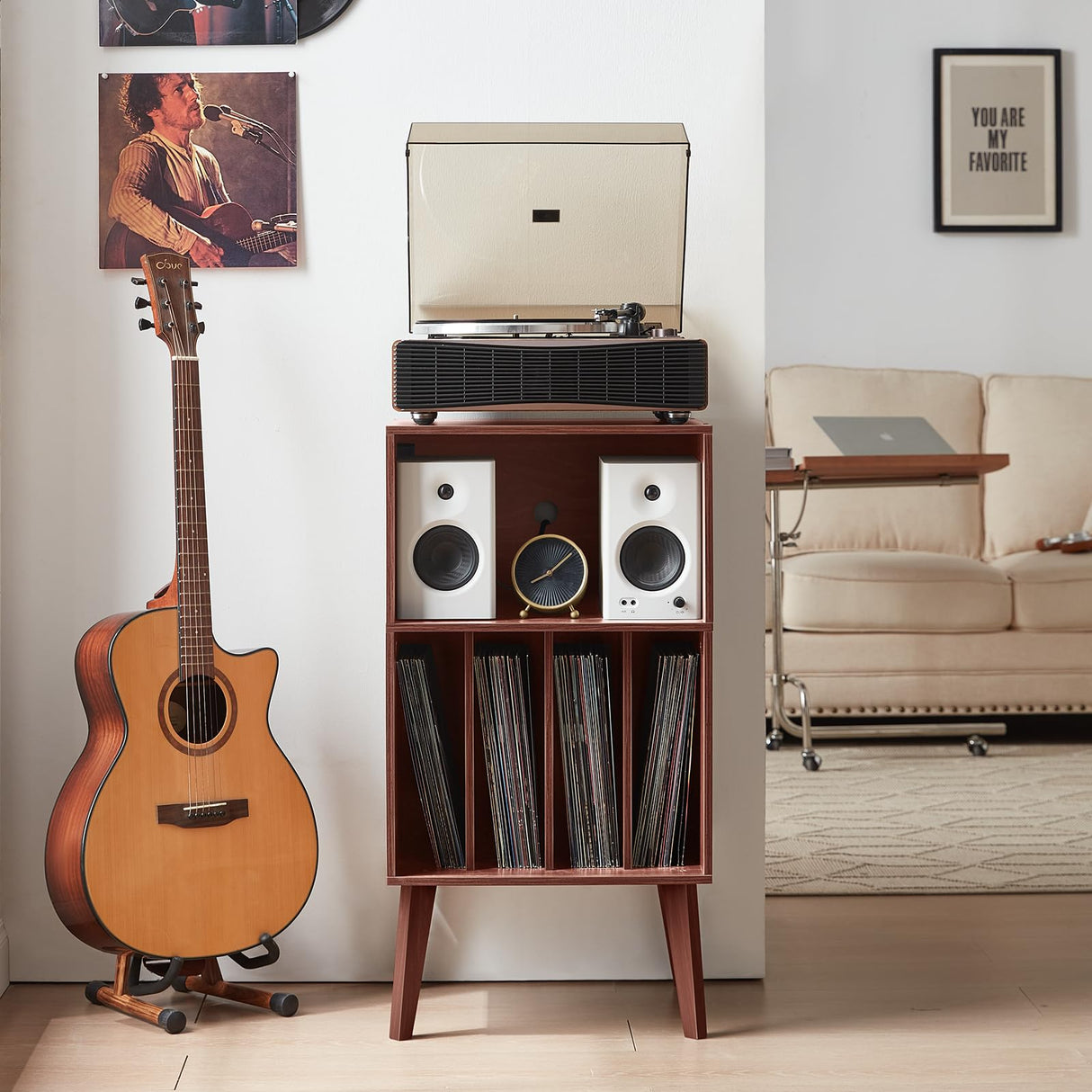 Lerliuo Record Player Stand with Charging Station, Walnut Turntable Stand Holds up to 160 Albums, Mid-Century Vinyl Storage Cabinet Table with Wood Legs, Record Holder Dispaly Shelf for Living Room Lerliuo