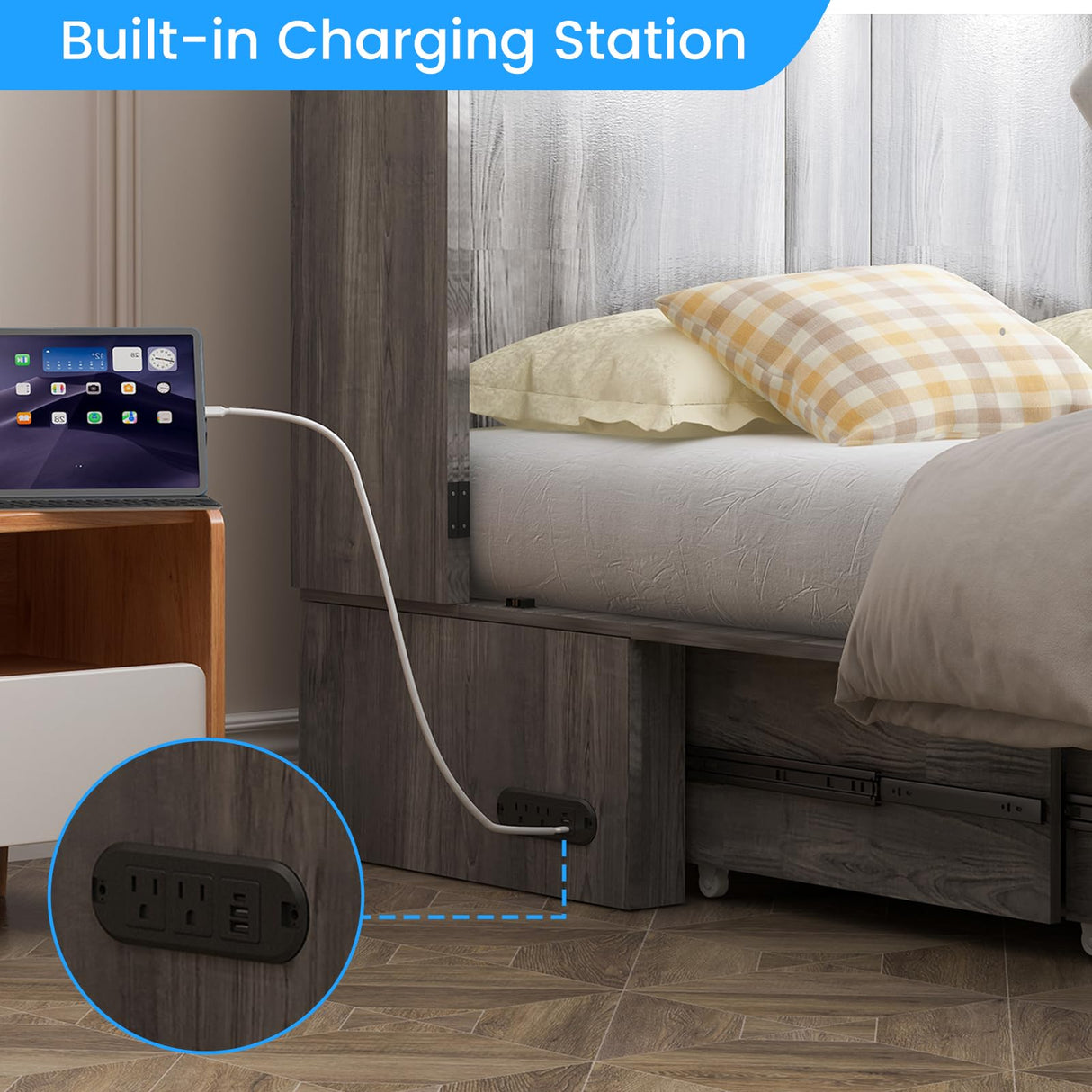 PUREMIND Queen Murphy Bed Cabinet with Mattress Included, Bedroom Cabinet Beds with USB Charging Station, Murphy Chest Bed with Storage Drawers, Horizontal Wallbed for Guest Room Grey PUREMIND