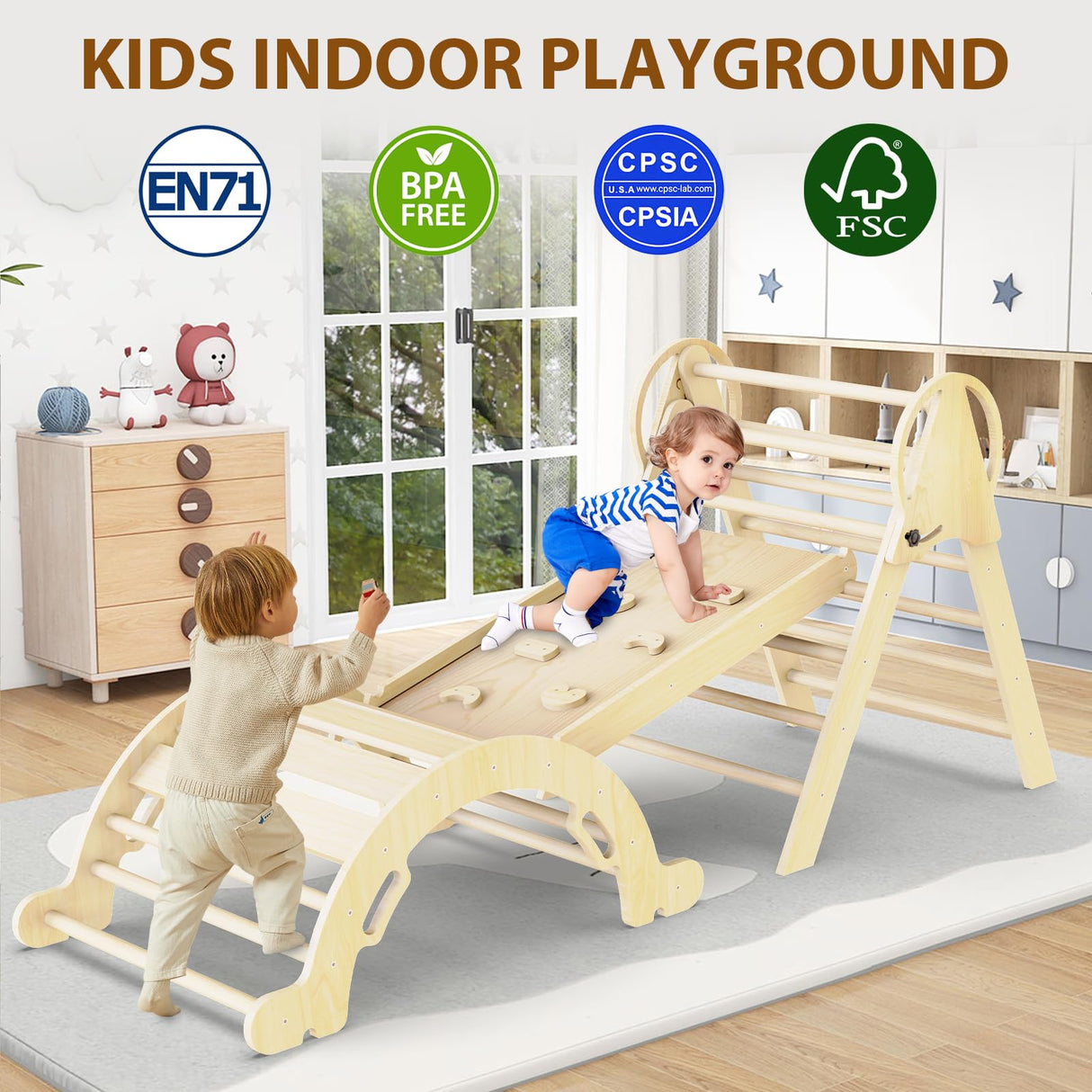 Doerpuz Pikler Triangle Set 7 in 1,Foldable Baby Climbing Toys Wooden,Toddler Climbing Toys Indoor,Climbing Toys for Toddlers 1-3,with Ramp, Arch and Ladder(Nature Wood) Doerpuz