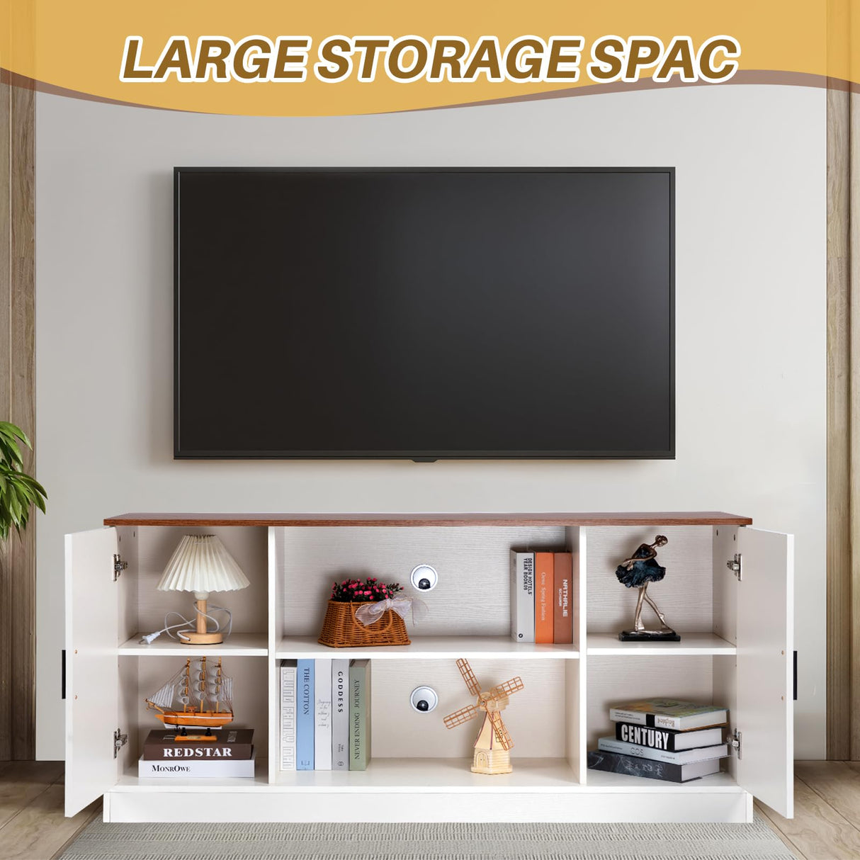 HollyHOME TV Stand for TVs up to 65”, Wood Entertainment Center with Adjustable Storage Shelves, Media TV Console Table for Living Room and Bedroom, White HollyHOME