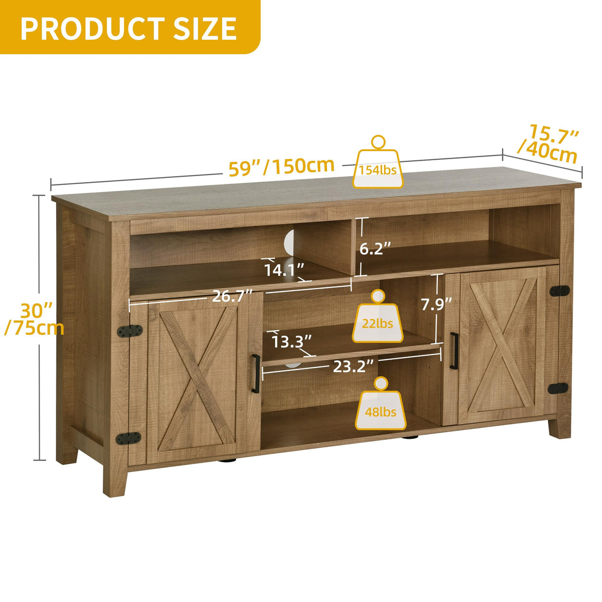 DWVO TV Stands for 65 Inch TV, Farmhouse Entertainment Center with Adjustable Shelf and Barn Door, Media Console Table TV Cabinet for Living Room, 59 Inches, Barnwood DWVO