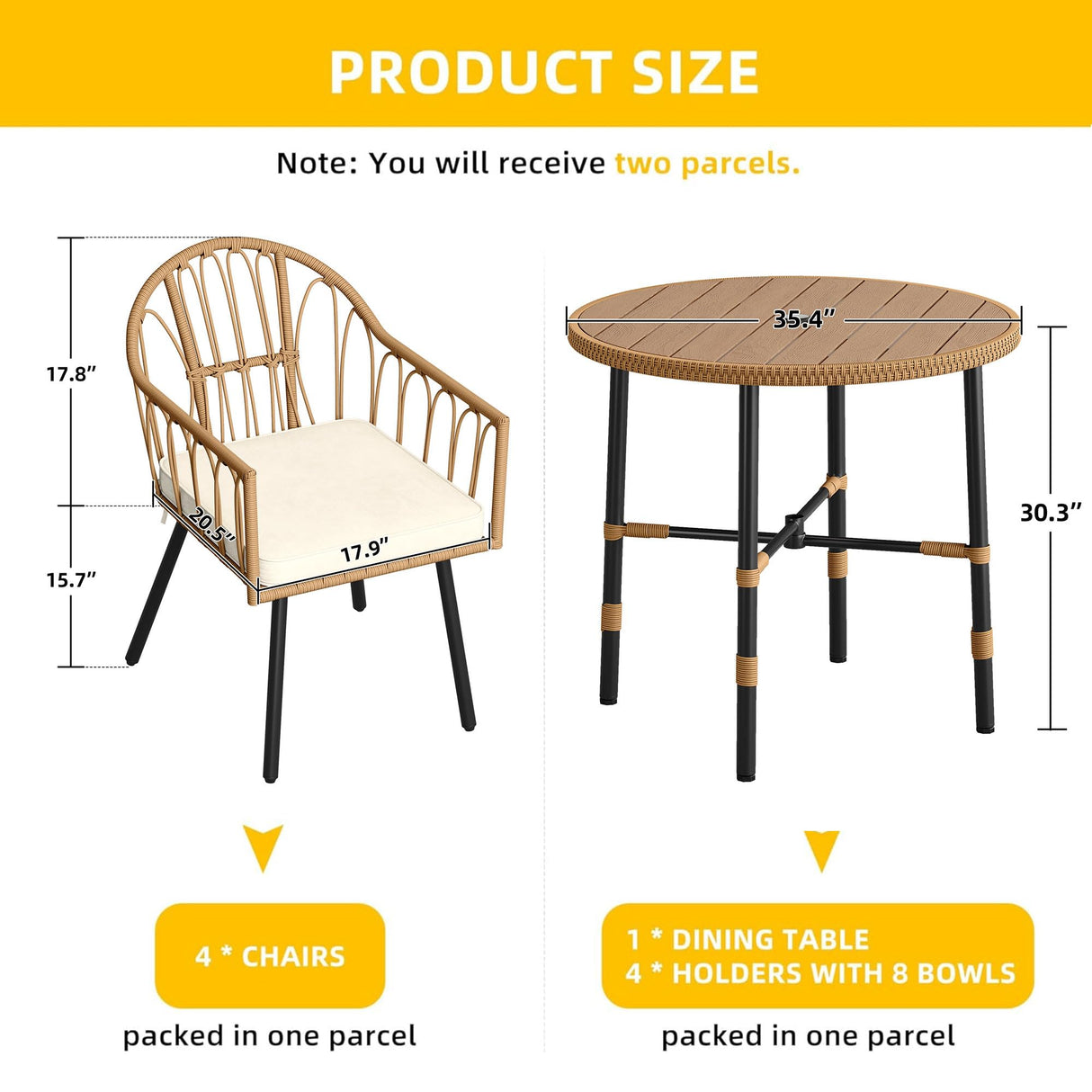 DWVO 5 Piece Patio Dining Sets, Outdoor Dining Furniture Set with 2" Umbrella Hole, Wicker Rattan Round Table and Chairs Set with Comfortable Cushions for Patio, Balcony, Backyard, Beige DWVO