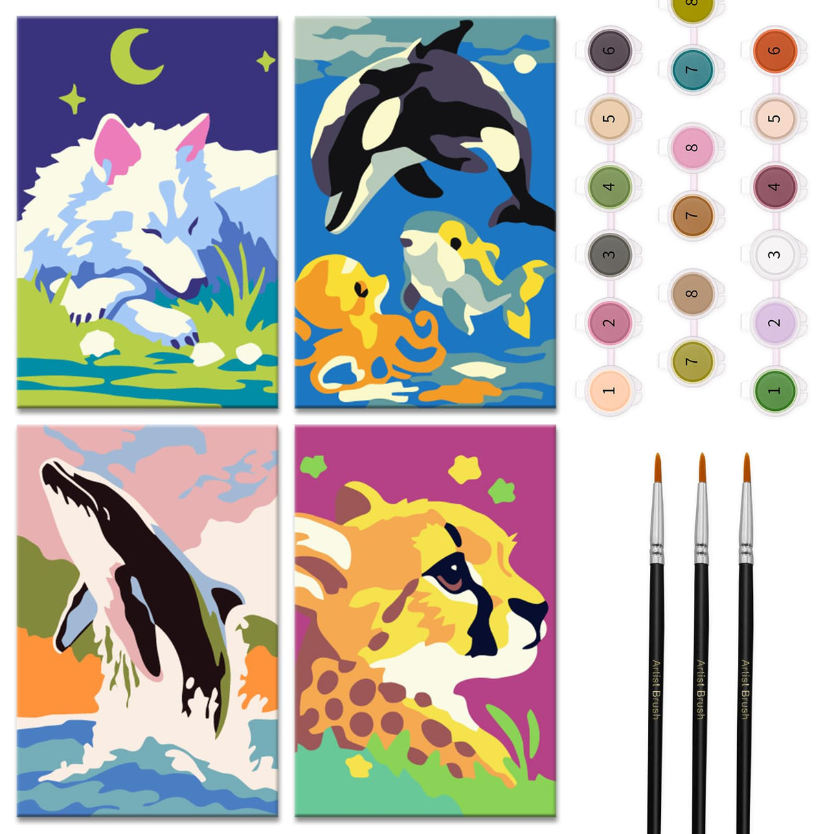 Nariolar 4 Pack Paint by Numbers Kit for Kids Ages 4-6 with 4.7X3.1inch Pre-Printed Cardboard,Acrylic Paint Pots and 3 Painting Brushes,Creative Gifts for Kids(Wolf and Leopard Nariolar