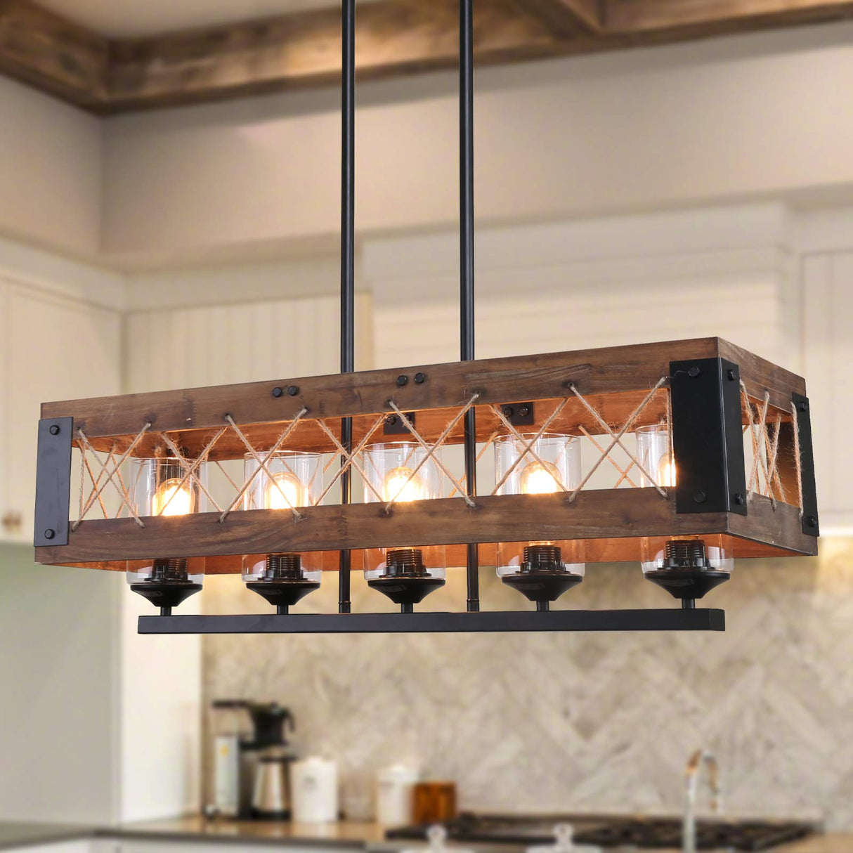 LALUZ Farmhouse Chandelier, 5-Light Kitchen Island Lighting with Clear Glass, Wood and Black Finish, 32 Inches LALUZ