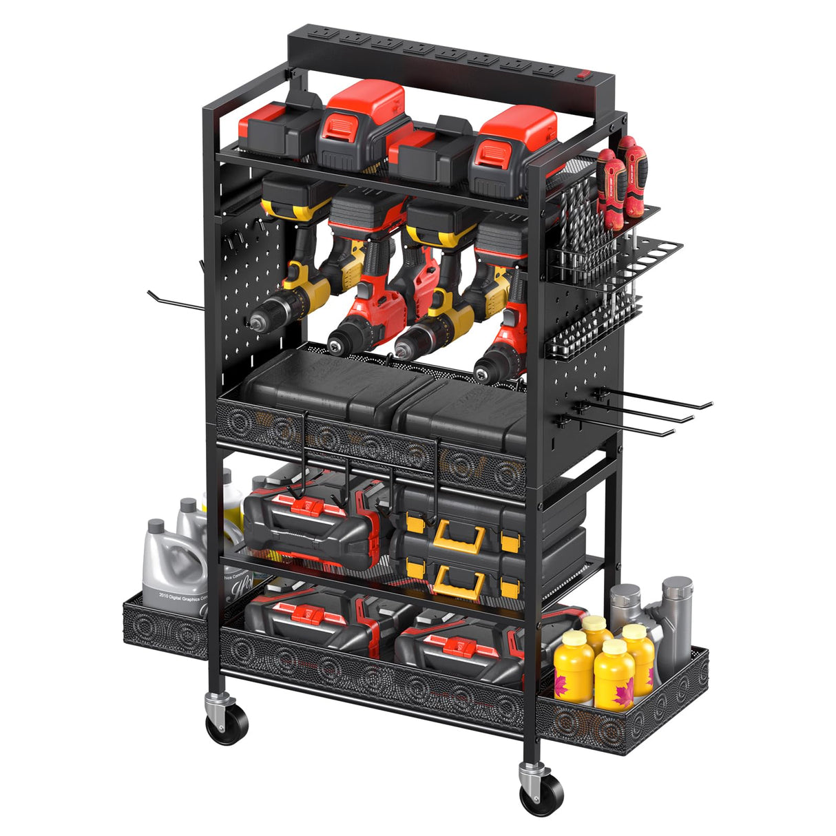 CCCEI Garage Power Tools Organizer Cart with Charging Station, Black Floor Standing Rolling Drill and Tools Battery Storage Cart on Wheels. Utility CCCEI