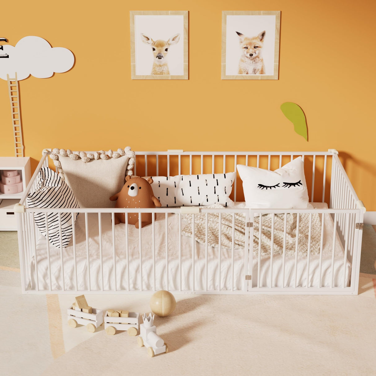 TURRIDU Twin Floor Bed for Child, Metal Montessori Bed Frame with Safety Guardrails & Door, Montessori Floor Bed Frame with Anti-Collision Cotton for Girls and Boys, No Box Spring Needed, White TURRIDU