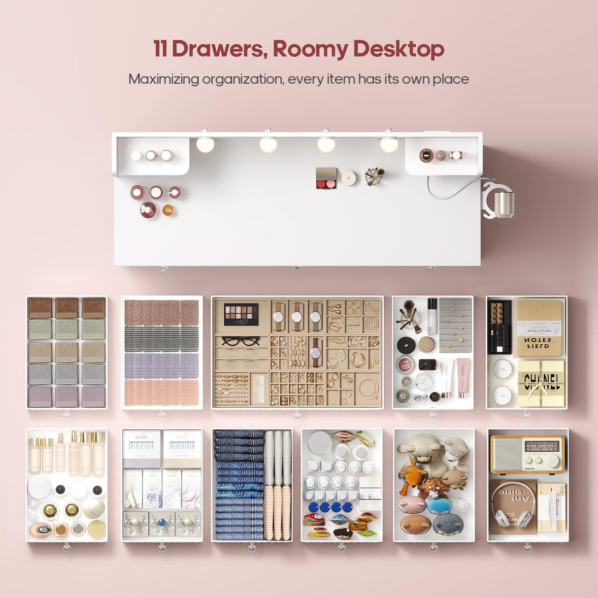 HAUOMS Vanity with Lights and Mirror, 11 Drawer Makeup Vanity with Power Strip, 6 Open Shelves, 43.3” Vanity Desk with Storage, Dressing Table with 3 Color Modes for Bedroom, Women, Girls (White) HAUOMS