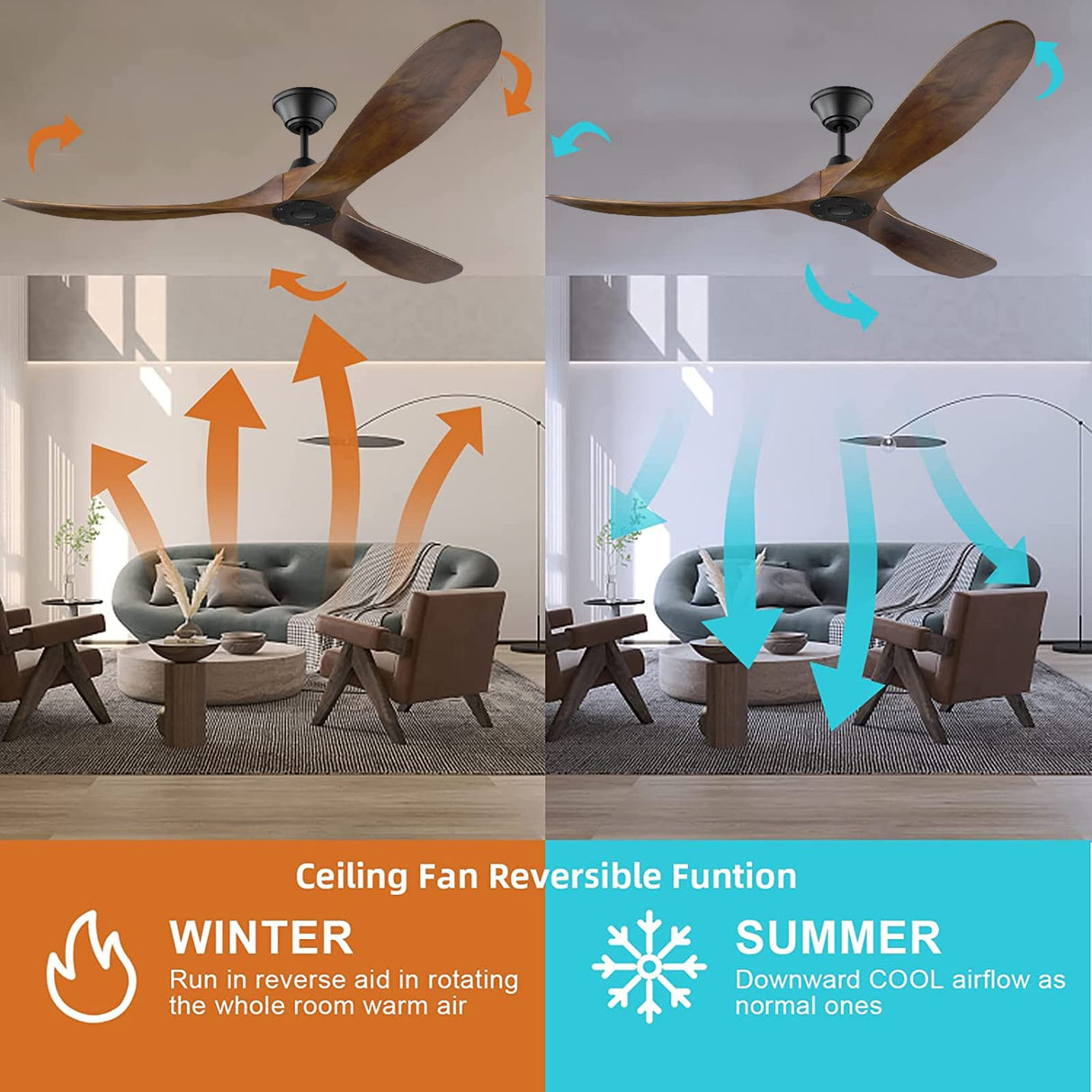 XCWIIE Modern Ceiling Fan No Light 60" Outdoor Ceiling Fans Retro Wood Ceiling Fans, 3 Balsa Wood Blades, DC Motor, for Restaurant Living Room Bedroom Inverter Silent Fan with Remote Timing Function XCWIIE