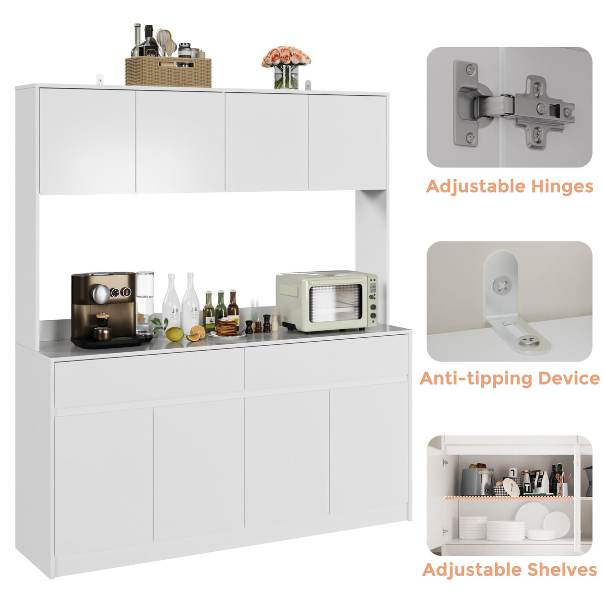 71" Kitchen Pantry Cabinet, Kitchen Hutch with Microwave Stand, Buffet Cabinet with Large Storage Drawers for Dining Room (White) Bobve