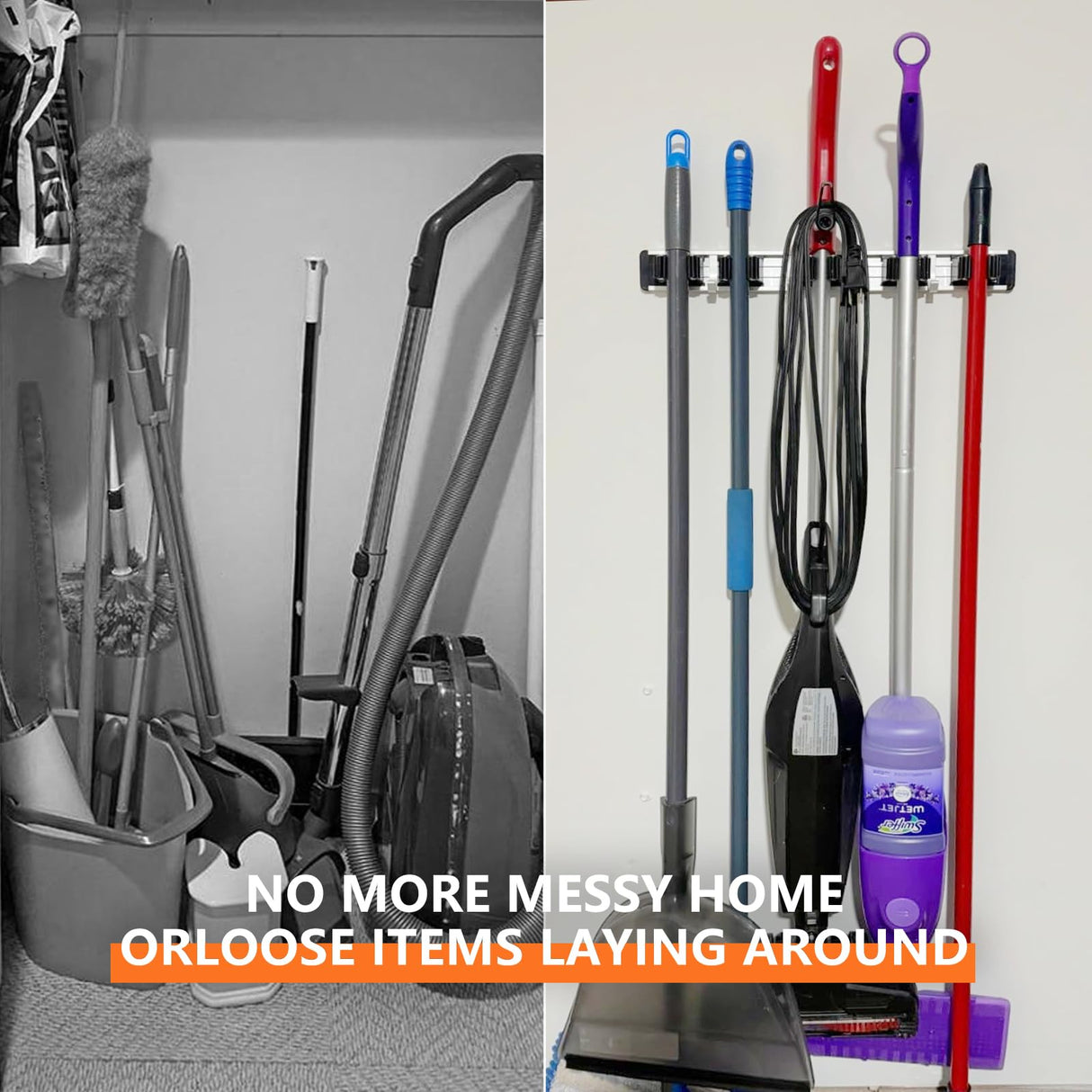 reliahom 2 Pack Broom Holder Wall Mount Mop and Broom Hanger Wall Mounted Garage Storage Rack Kitchen Garden Tool Organizer (5 Racks with 4 Hooks, Black) reliahom