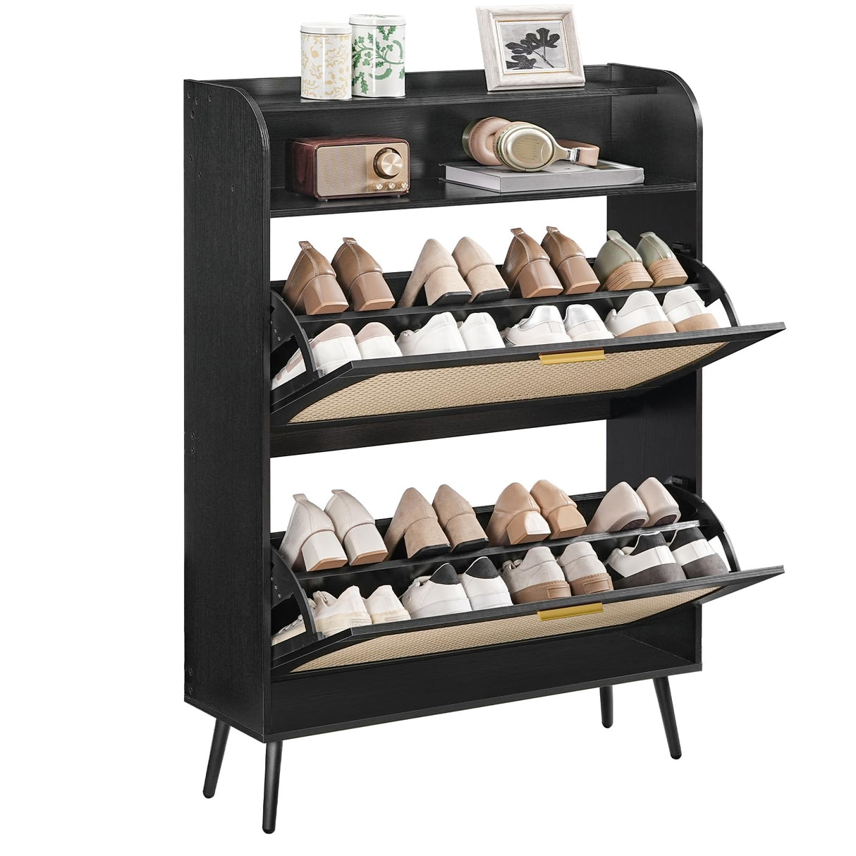 HOOBRO Rattan Shoe Storage Cabinet, Shoe Cabinet Storage for Entryway, Shoe Organizer with 2 Flip Drawers, Narrow Shoe Cabinet with Adjustable Shelves for Hallway, Living Room, Black BN80SC01 HOOBRO