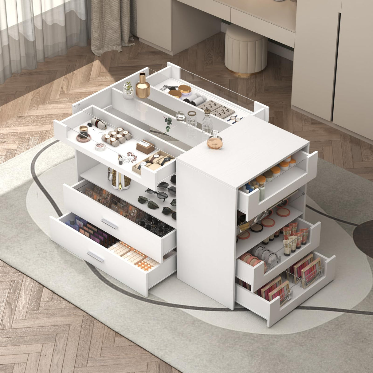 Closet Island with Drawers, 9 Drawers & 2 Shelves – White Jewelry Storage Vanity Island with Glass Top for Closet & Walk-in Wardrobe – 47.2" W x 23.6" D x 31.5" H GOFEI