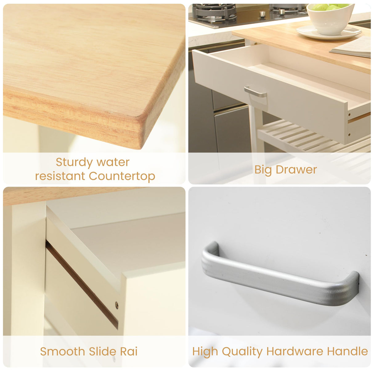 HiDSLiving Kitchen Island 42" Rolling Kitchen Island Cart On Wheels with Drawer Towl Rack 3 Tiers Rolling Utility Cart with Solid Wood Top Serving Trolley for Dining Room White HiDSLiving