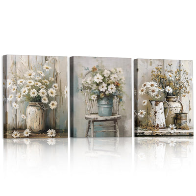 MotiMind 3 Pcs Daisy Bathroom Wall Decor Fall Rustic Farmhouse Pictures Wall Decor Canvas Soothing Calming Nature Botanical Vintage Floral Country Prints Spring Summer for Bedroom 9.84x7.87''