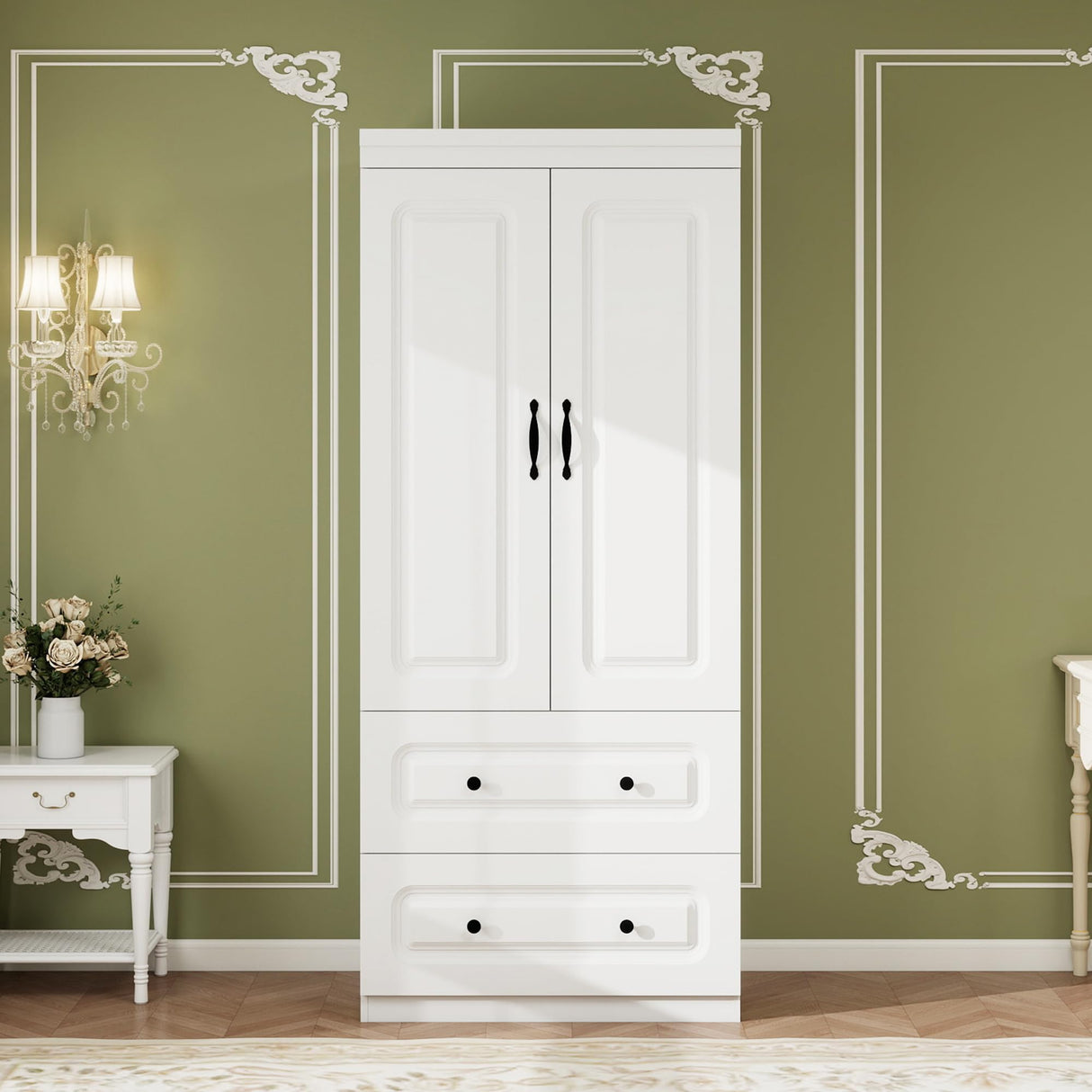 Keloyid Armoire Wardrobe Closet: Wood White Bedroom Armoire Storage Cabinet for Large Capacity with 2 Doors, Tall Armoire and Wardrobe Closet with 2 Drawers & Hanging Rail Keloyid