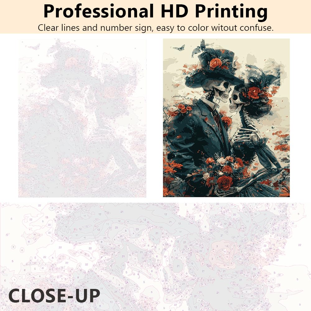 Adults Paint by Numbers Kits Romance Skull Paint by Number Wall Art Red Roses Butterflies and Floral Paint by Number Artwork Beautiful Skull Crafts Kits DIY Bedroom Wall Art 16x20 in (Frameless) Rebotipy