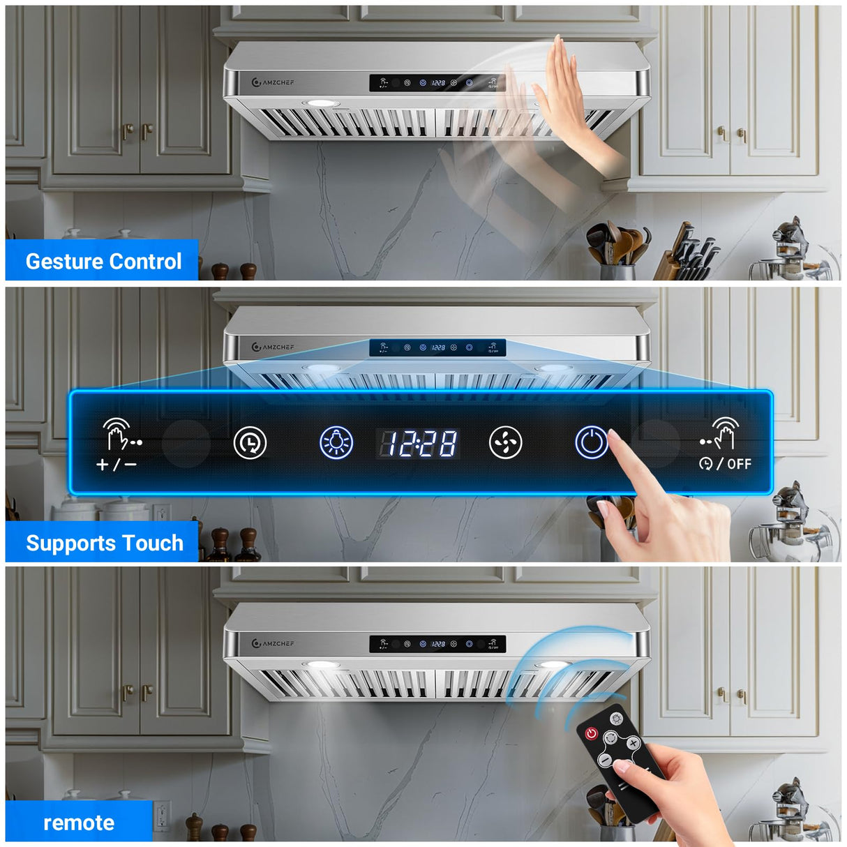 AMZCHEF Under Cabinet Range Hood 30 Inch, 700CFM Stainless Steel Kitchen Stove Vent Hood 3 Speed Exhaust Fan Touch/Remote/Gesture Control LED lights Time Setting Dishwasher-Safe Baffle Filters AMZCHEF