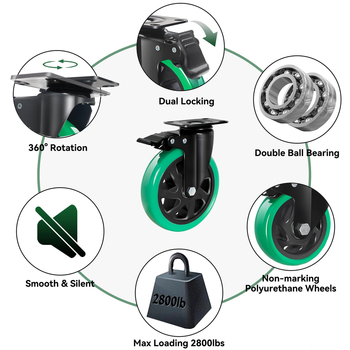 6 Inch Caster Wheels, Casters Set of 4 Heavy Duty, BZOLIHEU Locking Casters, Silent Top Plate Swivel Casters with Brake, Polyurethane Green Castor Wheels for Furniture and Workbench Cart BZOLIHEU