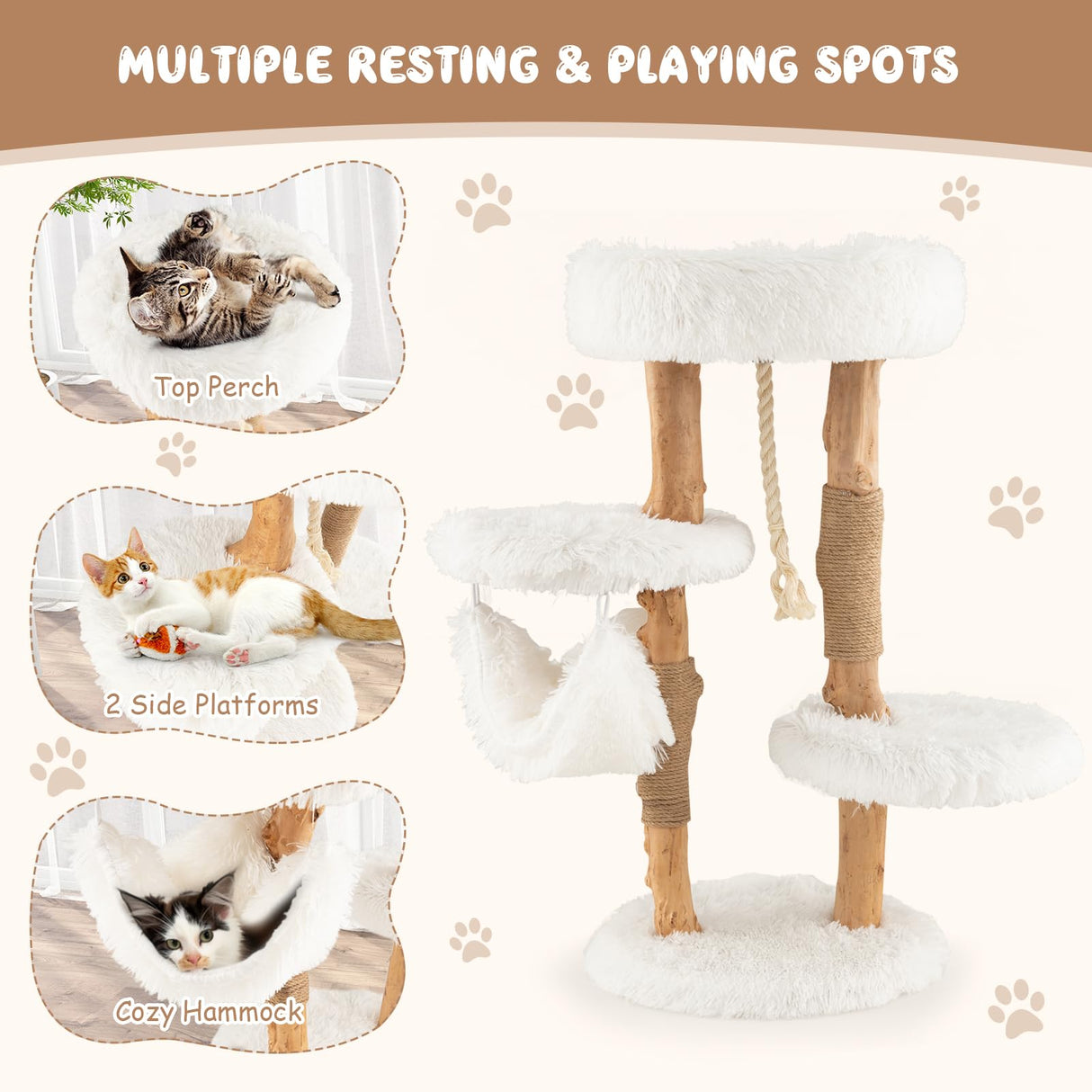 Tangkula Cat Tree Tower, Solid Wood Modern Cat Tower with Cozy Top Perch, 2 Platforms & 1 Hammock, Natural Branch Cute Cat Tree with Scratching Posts & Sisal Rope for Indoor Cats Tangkula