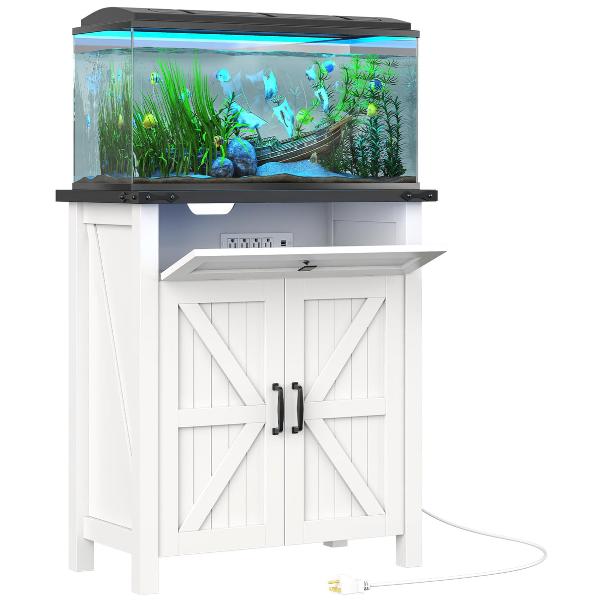 kepptory 20 Gallon Fish Tank Stand with Power Outlets, Farmhouse Decorative Aquarium Stand Furniture with Adjustable Shelves, 10-20 Gallon Reptile Turtle Tank Stand with Cabinet Storage (White, 20GL) kepptory