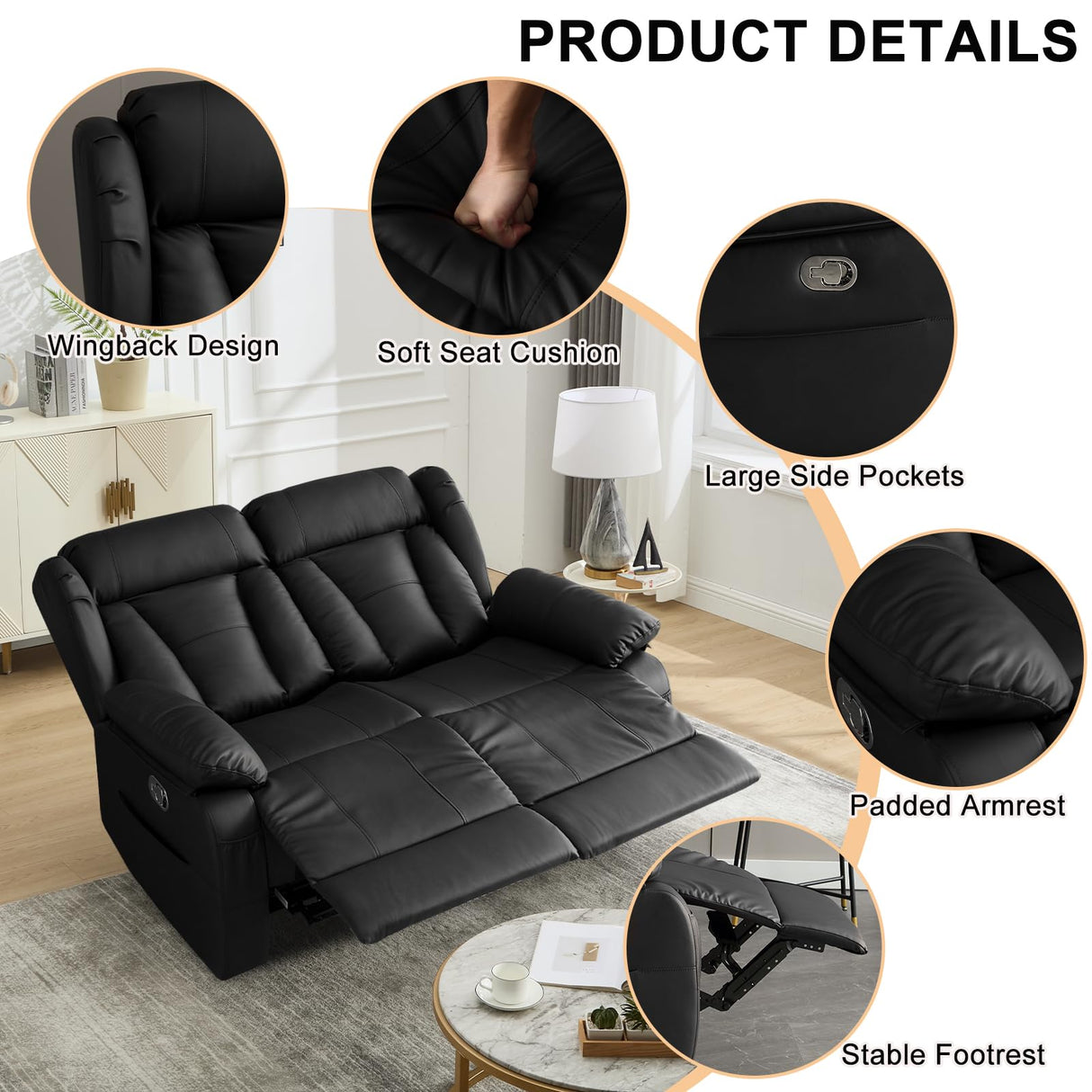 WISHDEER 58.3" Reclining Loveseat Sofa, RV Loveseat Recliner Couch - Home Theater Seating with Side Pockets for Living Room, Manual RV Recliners for Travel Trailers (Black, Loveseat) WISHDEER