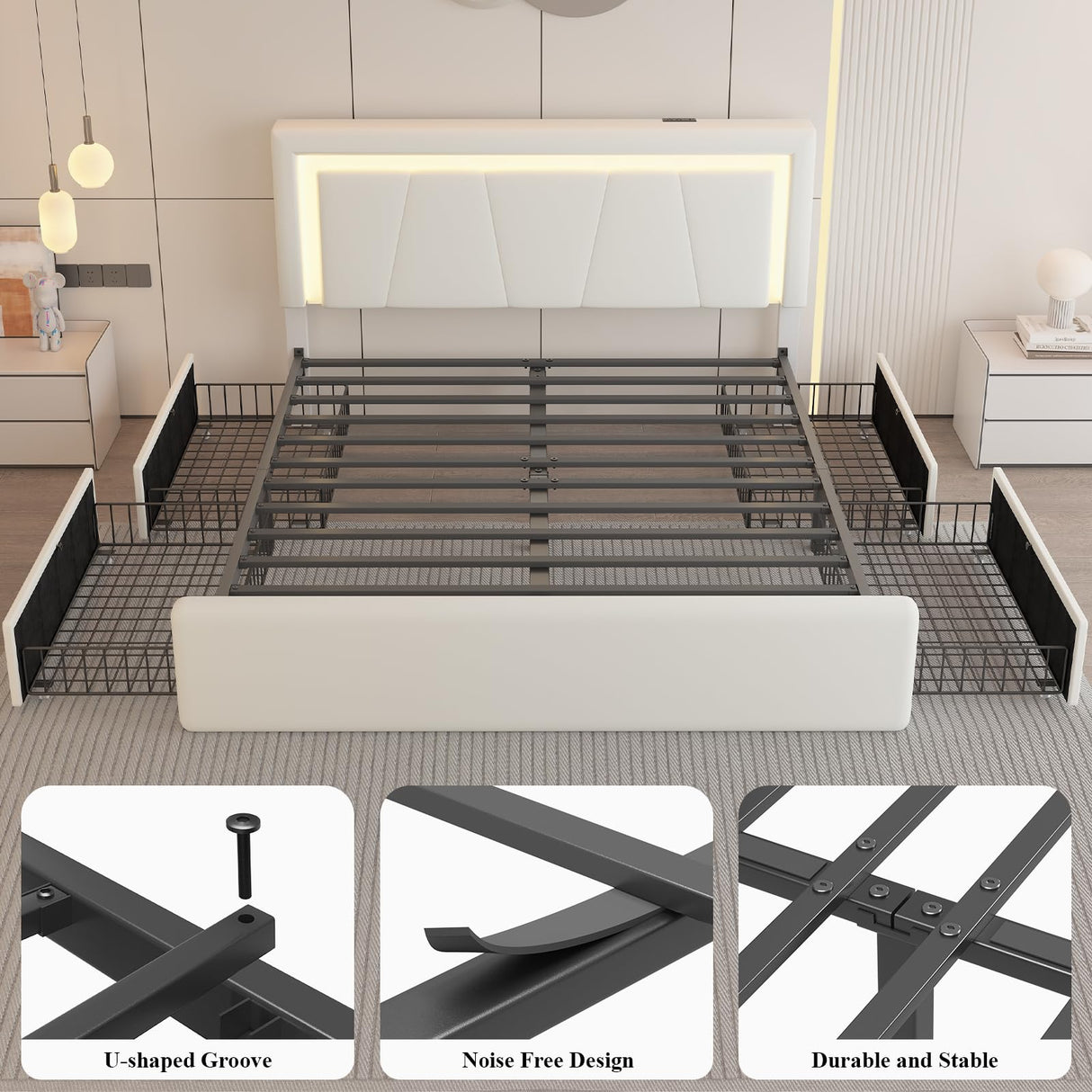 Queen Size Bed Frame with 4 Storage Drawers and LED Lights, Upholstered Platform Bed with Adjustable Headboard and Charging Station, Metal Slats Support, No Box Spring Needed,Easy Assembly, White E-Motie