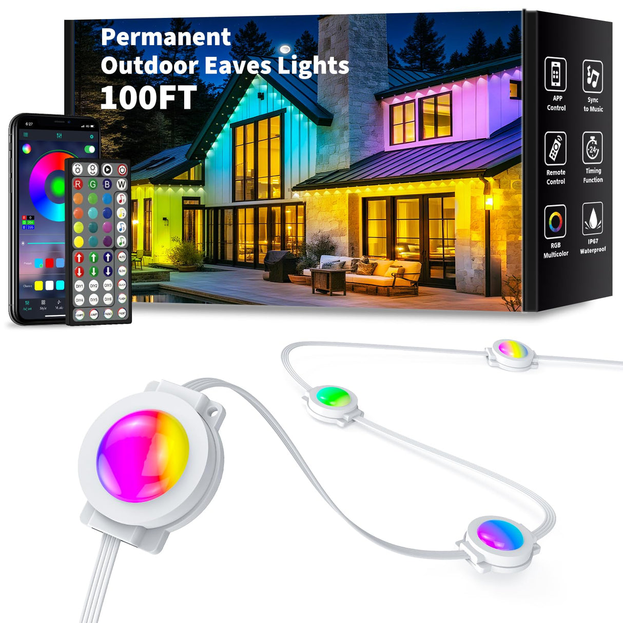 YIBULAYIN 100FT Permanent Outdoor Lights Waterproof, Smart RGB Eaves Lights with App/Remote Control, DIY Scene Modes, LED Outdoor Lighting for Christmas Holidays Daily Party House Roof Lighting YIBULAYIN