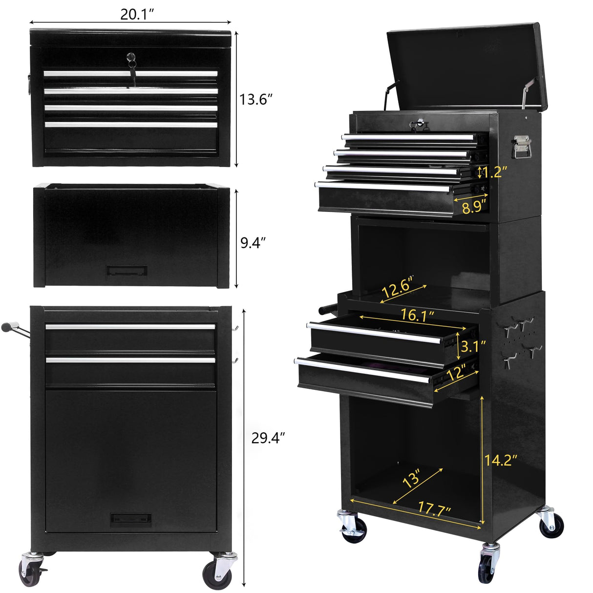 6 Drawer Rolling Tool Chest,Black Large Tall Tool Box with Wheels,Lockable Stand up Toolbox,Metal Garage Tool Cabinets Organizer,Rolling Tool Cart for Workshop Garvee