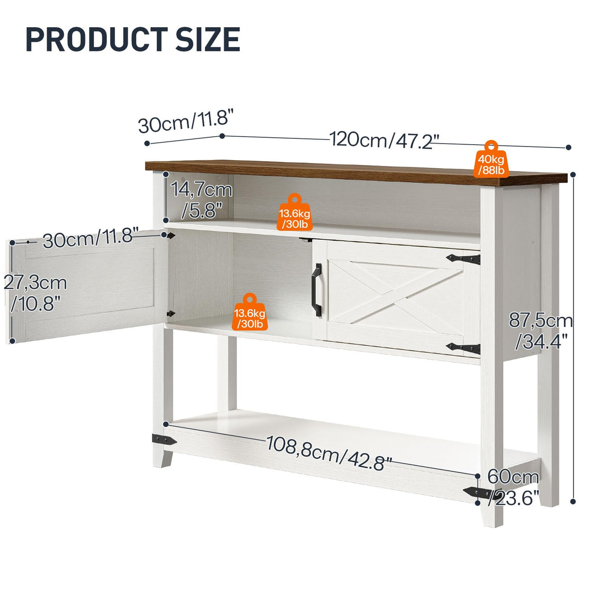 HOOBRO Farmhouse Entryway Table with Storage, 47.2" Long Console Table for Entryway, White Sofa Table with Doors and Cabinets, Narrow Sofa Table Behind Couch, for Hallway, Foyer, White and Walnut HOOBRO