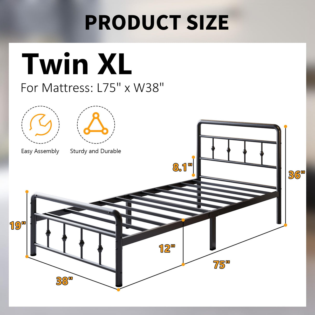 Lutown-Teen 12 Inch Twin XL Bed Frames with Victorian Vintage Headboard and Footboard, No Box Spring Needed, Heavy Duty Metal Mattress Foundation, Noise Free, Easy Assembly, Black Lutown-Teen
