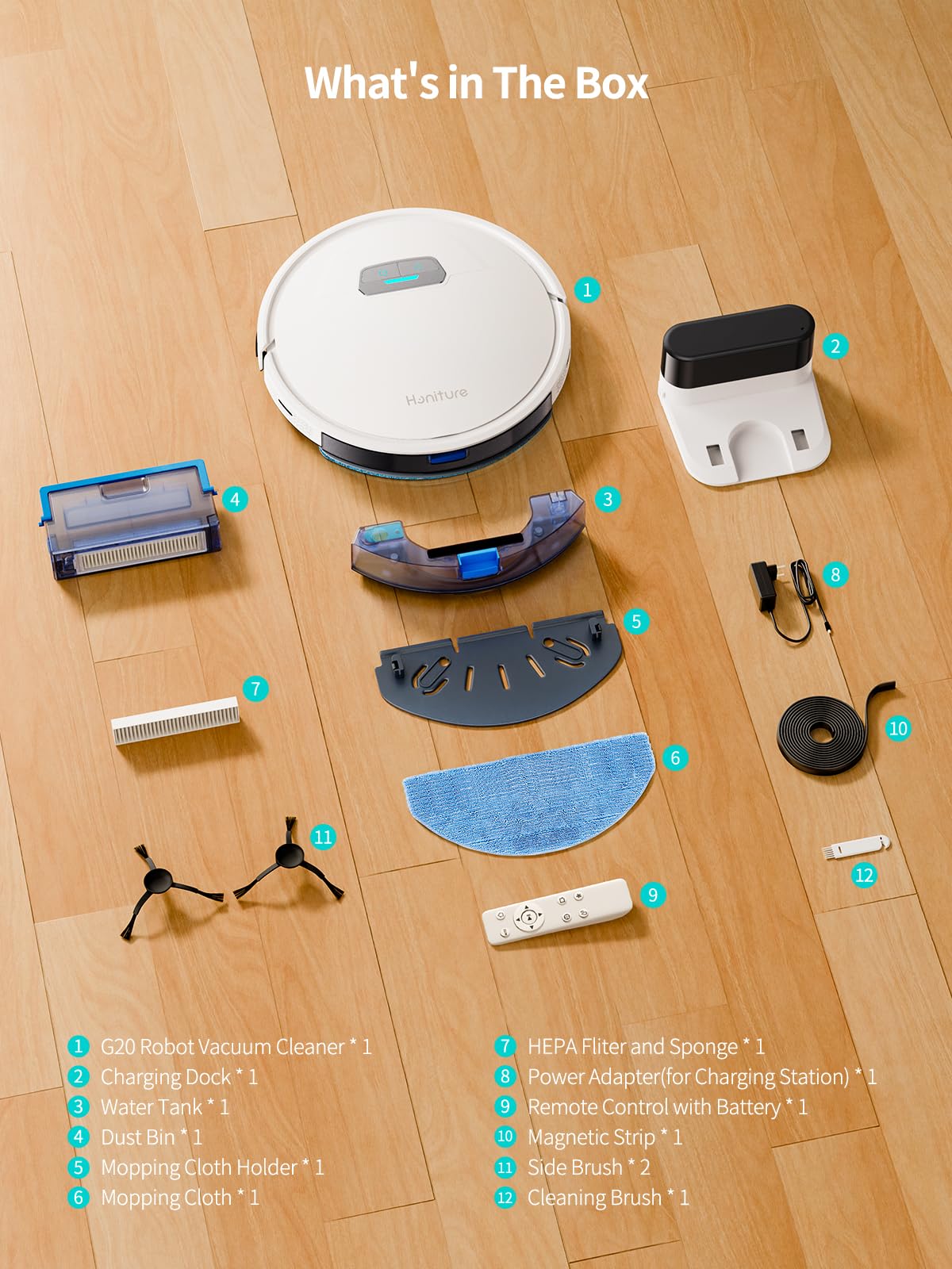 HONITURE Robot Vacuum and Mop Combo, 4000pa Strong Suction, G20 Robot Vacuum Cleaner with Self-Charging, 150Mins Max, App&Remote&Voice Control, Super-Slim, Ideal for Pet Hair HONITURE