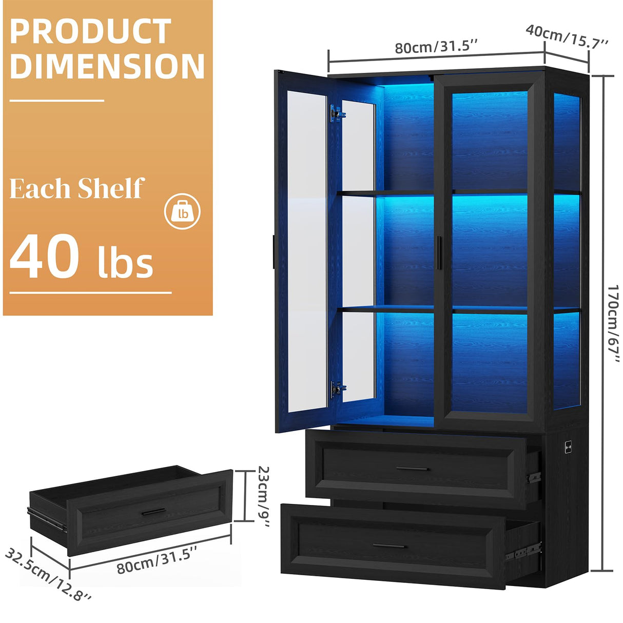 BROTTAR Display Cabinet with LED Lights, Curio Storage Cabinet with Acrylic Doors & 2 Drawers, 67" Bookcase Display Case for Collectibles, Human Body Sensor, Home Office, Living Room, Black BROTTAR