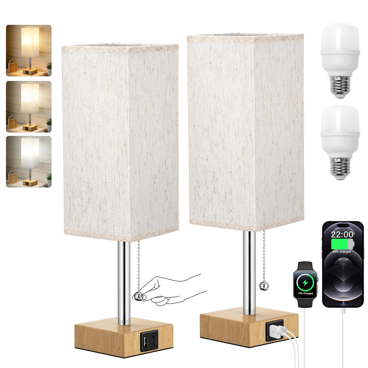Wood Grain Bedside Table Lamps Set of 2 - Bedroom Lamps with 3 Color Temperatures (3000K/5000K/4000K), Two Square Nightstand Lamps with USB C + A Charging Ports, Pull Chain Small Night Light aooshine