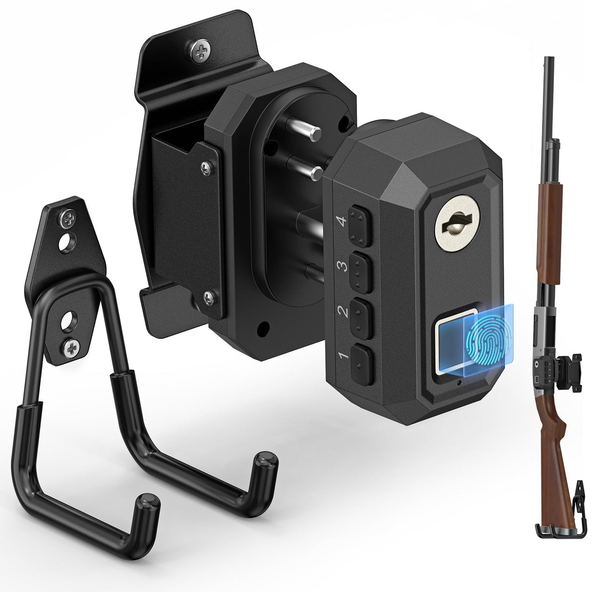 ONNAIS Gun Lock Wall Mount - Quick Access Biometric Trigger Lock with Gun Rack for Wall, Vertical Heavy Metal Wall Hooks for Rifle, Shotgun & Pistol, Space-Saving Hidden Storage for Garage, Desk, Car ONNAIS