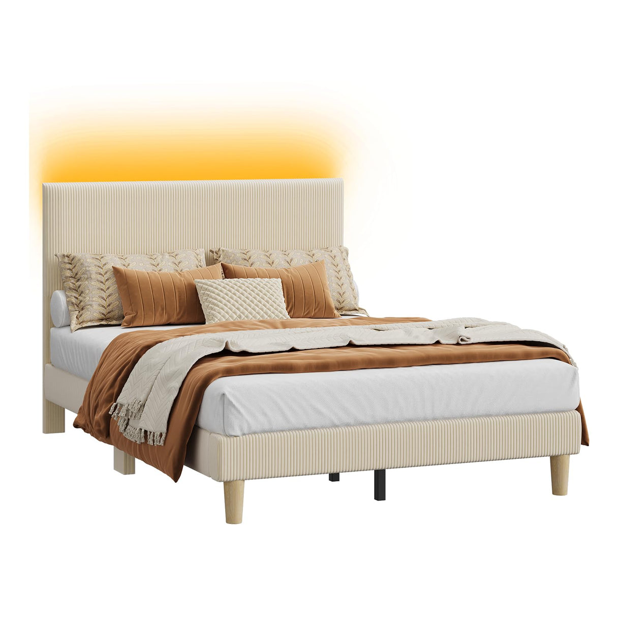 Bestier Full Bed Frame with Adjustable Headboard, LED Lighting, Vertical Channel Tufted Corduroy Upholstered, Solid Wooden Slats Support, No Box Spring Needed, Never Squeaks, Easy Assembly, Beige Bestier