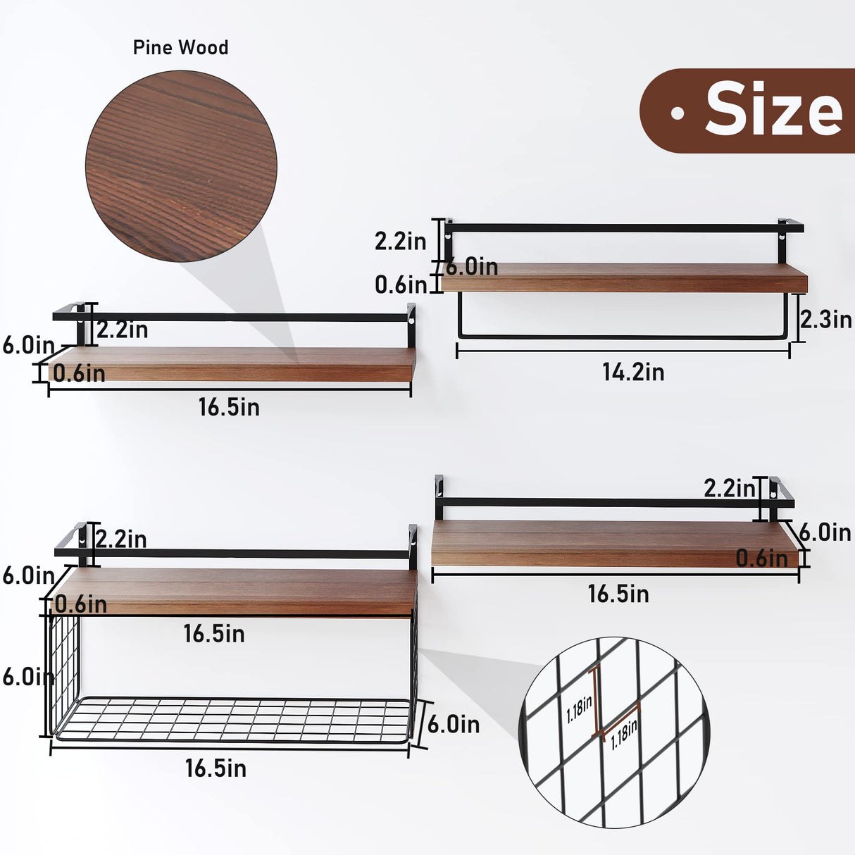 LUDORU Wood Floating Shelves Wall Mounted - 4+1 Tier Rustic Bathroom Wall Shelves Over Toilet with Wire Storage Basket and Towel Bar, Set of 4 Farmhouse Floating Shelf for Bathroom, Kitchen, Bedroom. LUDORU