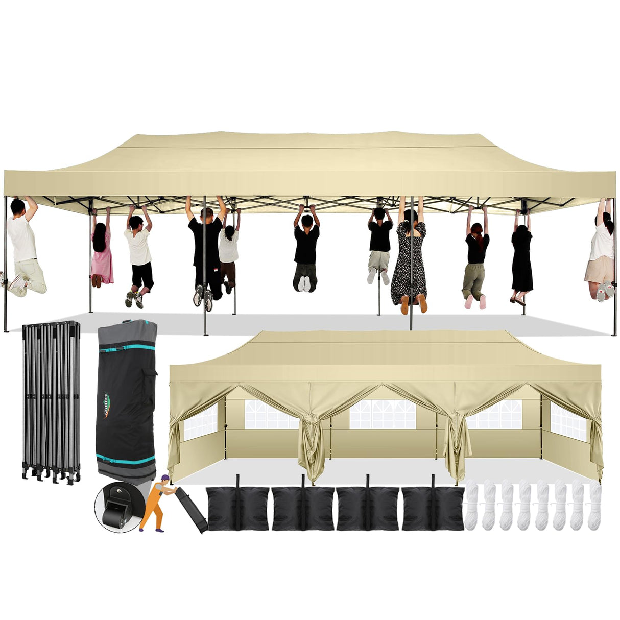COBIZI 10x30 Pop Up Canopy with 8 Sidewall,Heavy Duty UPF 50+ All Season Wind Waterproof Commercial Outdoor Wedding Party Tents for Parties Canopy Gazebo with Roller Bag(10 x 30 ft Khaki) COBIZI