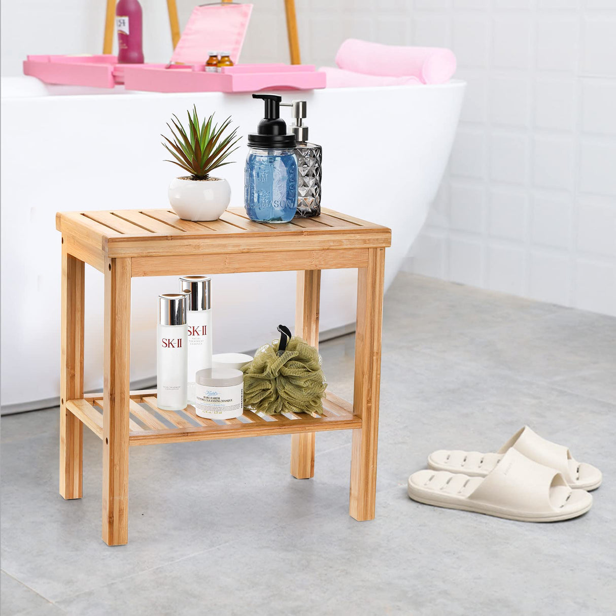 SOUJOY Bamboo Shower Bench, Bath Seat Stool, Spa Foot Rest Shaving Stool, Storage Shelf for Shampoo Towel, Works in Inside Bathroom, Living Room, Bedroom, Garden Leisure SOUJOY