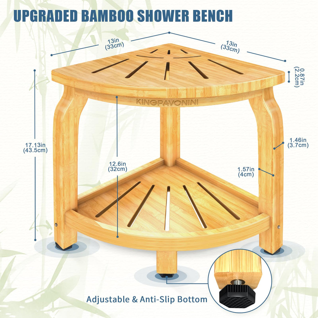KingPavonini Bamboo Corner Shower Stool for Shaving Legs Foot Rest, Waterproof Bath Bench Seat with Storage Shelf for Bathroom Inside Shower, Hold Up to 450Lbs KingPavonini