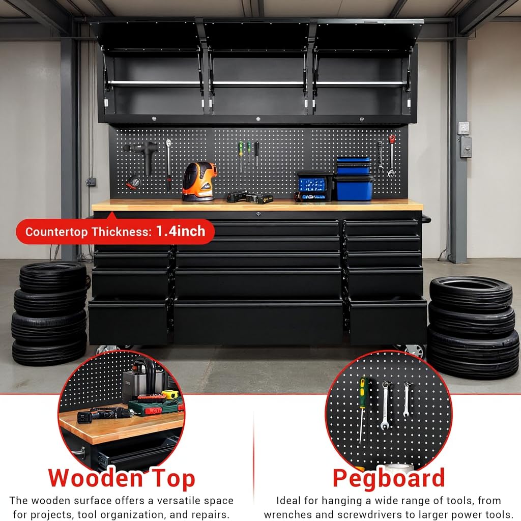 72-inch Rolling Tool Chest Cabinet Garage Workbench with 15 Storage Drawers and Wheels, 3 Upper Cabinet, Pegboard, Steel Large Tool Box for Garage Workshop, Matte Black MERXENG