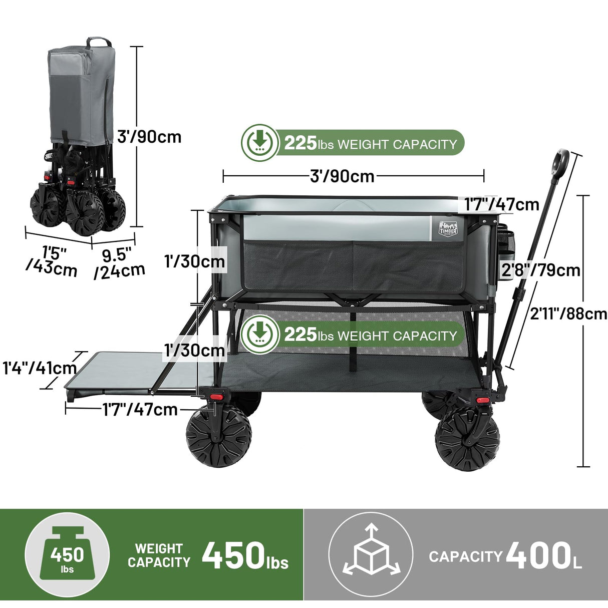 TIMBER RIDGE 400L Large Capacity Folding Double Decker Wagon, 54" Extra Long Extender Wagon Cart, 450lbs Heavy Duty Collapsible Wagon, All-Terrain Big Wheels for Camping, Sports, Shopping, Gray TIMBER RIDGE