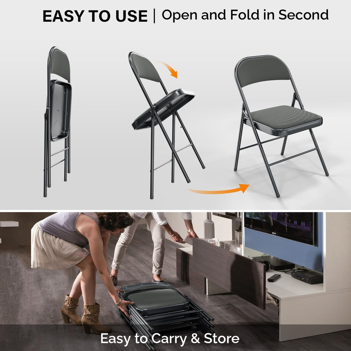 VINGLI 6 Pack Gray Folding Chairs with Padded Seats, Metal Frame with Comfortable Fabric Seat & Back, Capacity 350 lbs VINGLI